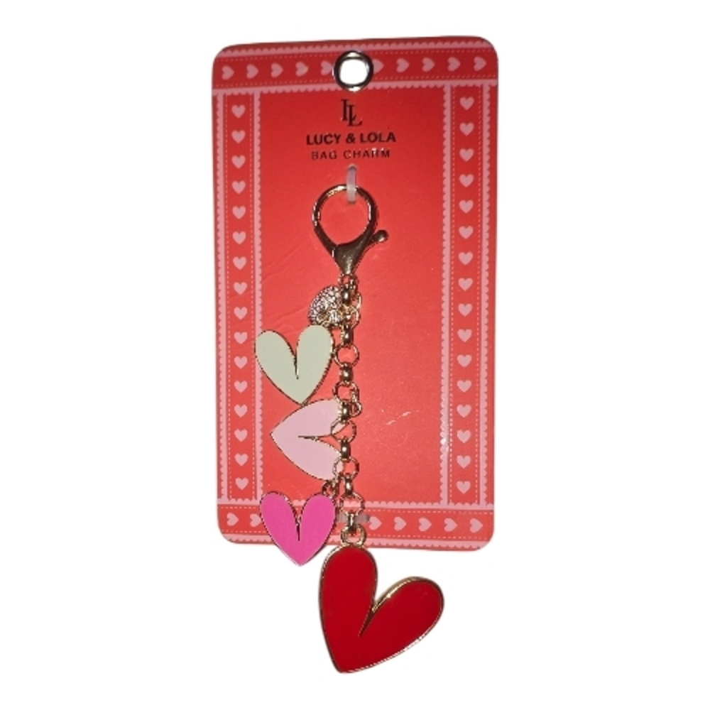 NWT Lucy & Lola Heart Bag Charm Gold Tone Chain‎ Pink Red Enamel Hearts
